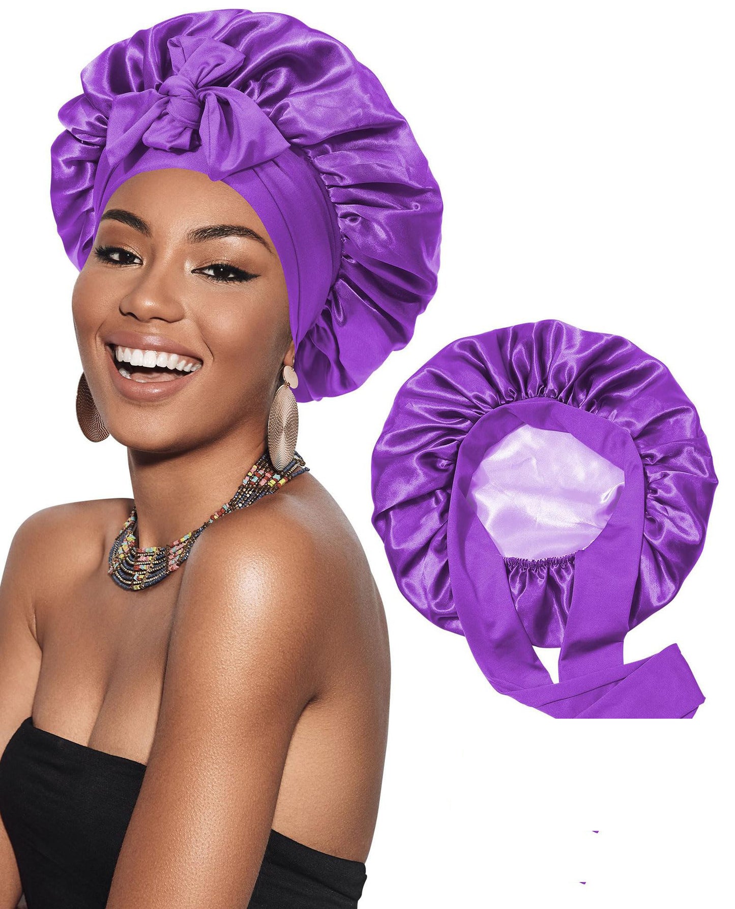 Double-layer Satin Ribbon Round Cap Bow Artificial Silk Beauty Hair Care Wide-brimmed Hat