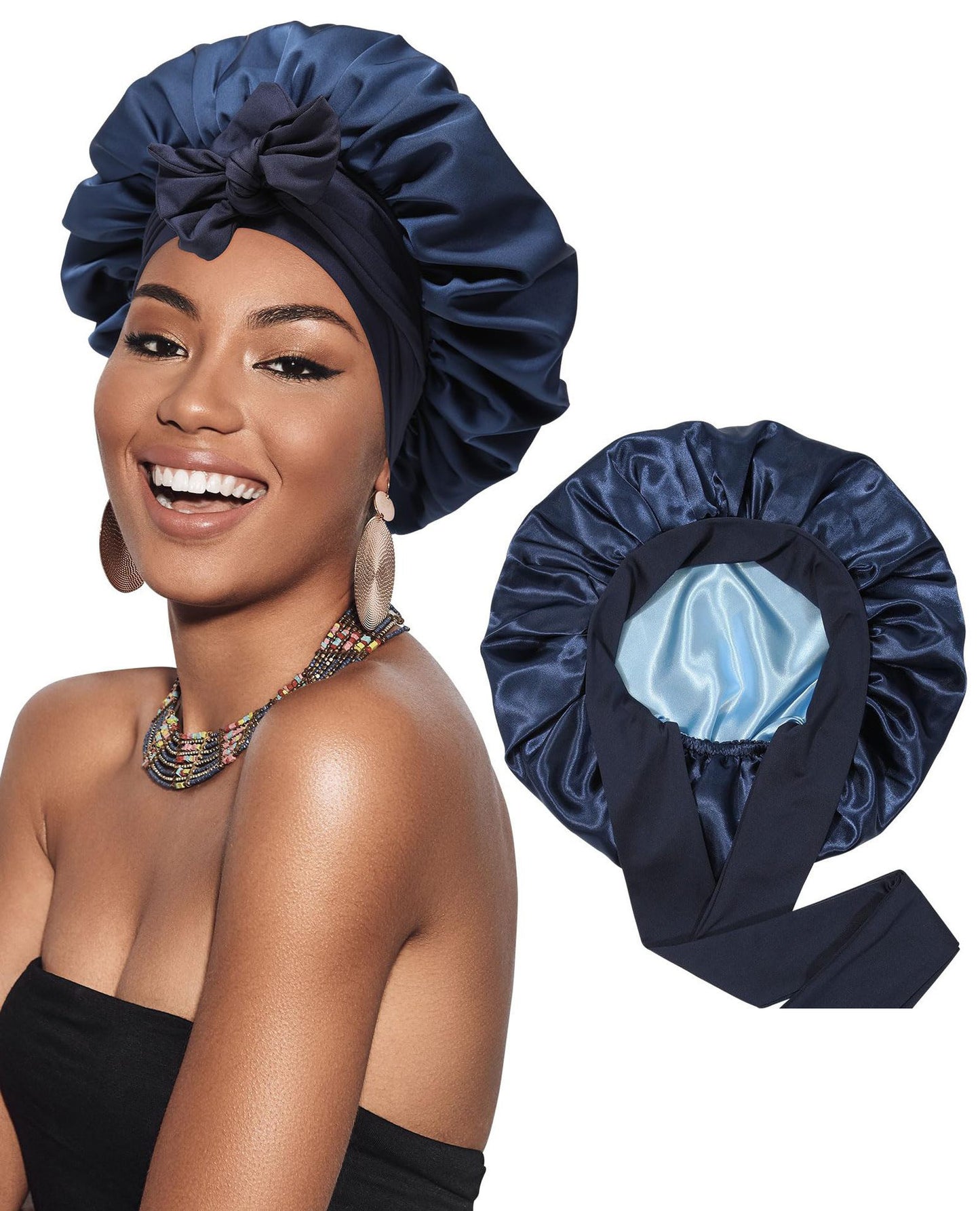 Double-layer Satin Ribbon Round Cap Bow Artificial Silk Beauty Hair Care Wide-brimmed Hat