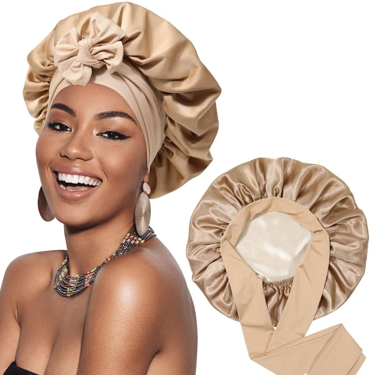 Double-layer Satin Ribbon Round Cap Bow Artificial Silk Beauty Hair Care Wide-brimmed Hat
