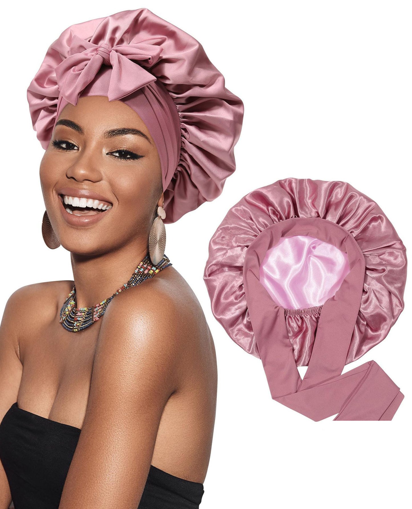 Double-layer Satin Ribbon Round Cap Bow Artificial Silk Beauty Hair Care Wide-brimmed Hat