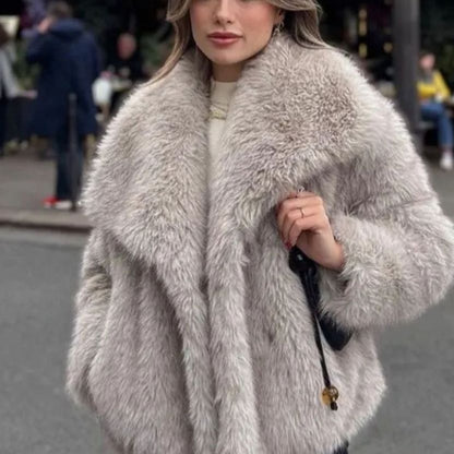 Winter Plush Coat Fashion Warm Thicken Fluffy Lapel Jacket Outwear Casual Long Sleeve Tops Womens Clothing