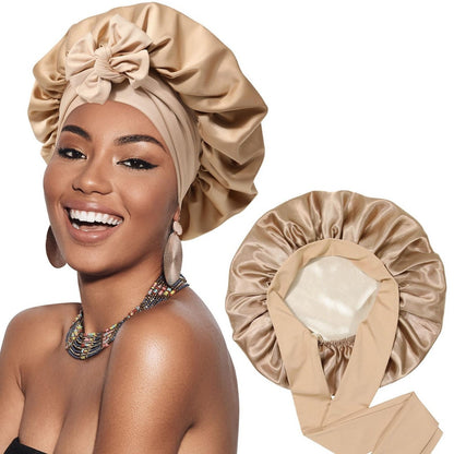 Double-layer Satin Ribbon Round Cap Bow Artificial Silk Beauty Hair Care Wide-brimmed Hat