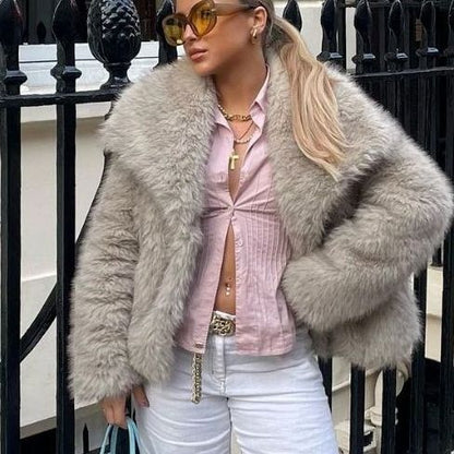 Winter Plush Coat Fashion Warm Thicken Fluffy Lapel Jacket Outwear Casual Long Sleeve Tops Womens Clothing