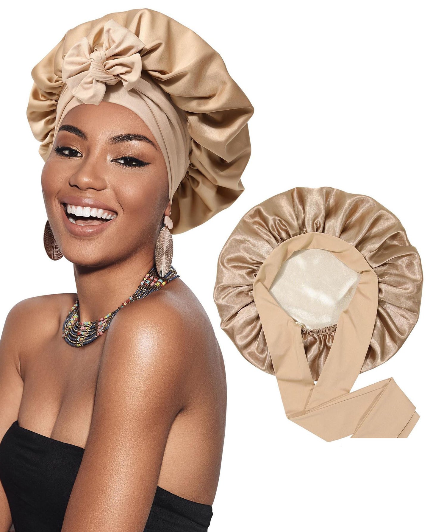 Double-layer Satin Ribbon Round Cap Bow Artificial Silk Beauty Hair Care Wide-brimmed Hat