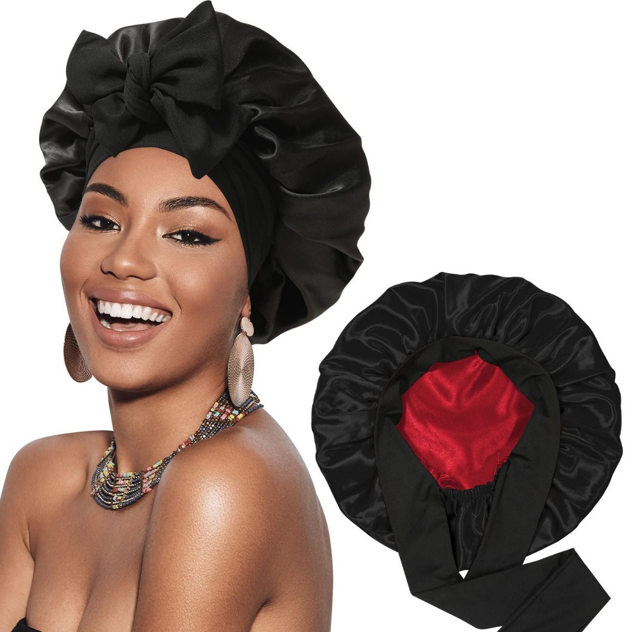 Double-layer Satin Ribbon Round Cap Bow Artificial Silk Beauty Hair Care Wide-brimmed Hat